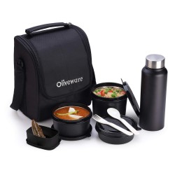 Oliveware Teso Lunch Box with Bottle Black 3 Stainless Steel Containers and Pickle Box and Assorted Steel Bottle