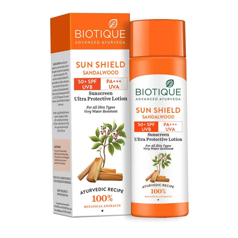 Biotique   Sun Shield Sandalwood 50+SPF UVB Sunscreen Ultra Protective Lotion For All Skin Types (120mL)